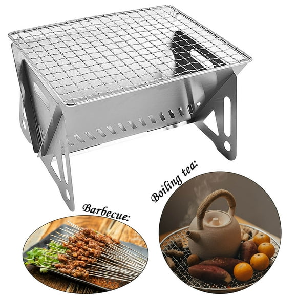 Rwvbm Portable Wood Burning Camping Stove Stainless Steel Folding Grill with Pot Backpacking Hiking Picnic Stove Multi- for Twigs & Leaves