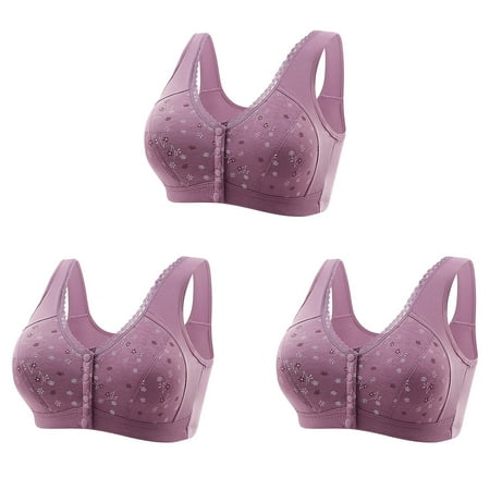 LMKIHUSA Womens 3PC Daisy Bras for Seniors Front Snap Closure Padded Bra for Older Senior Women Comfortable and Convenient No Underwire Women Push Up Bra Purple XXXXL