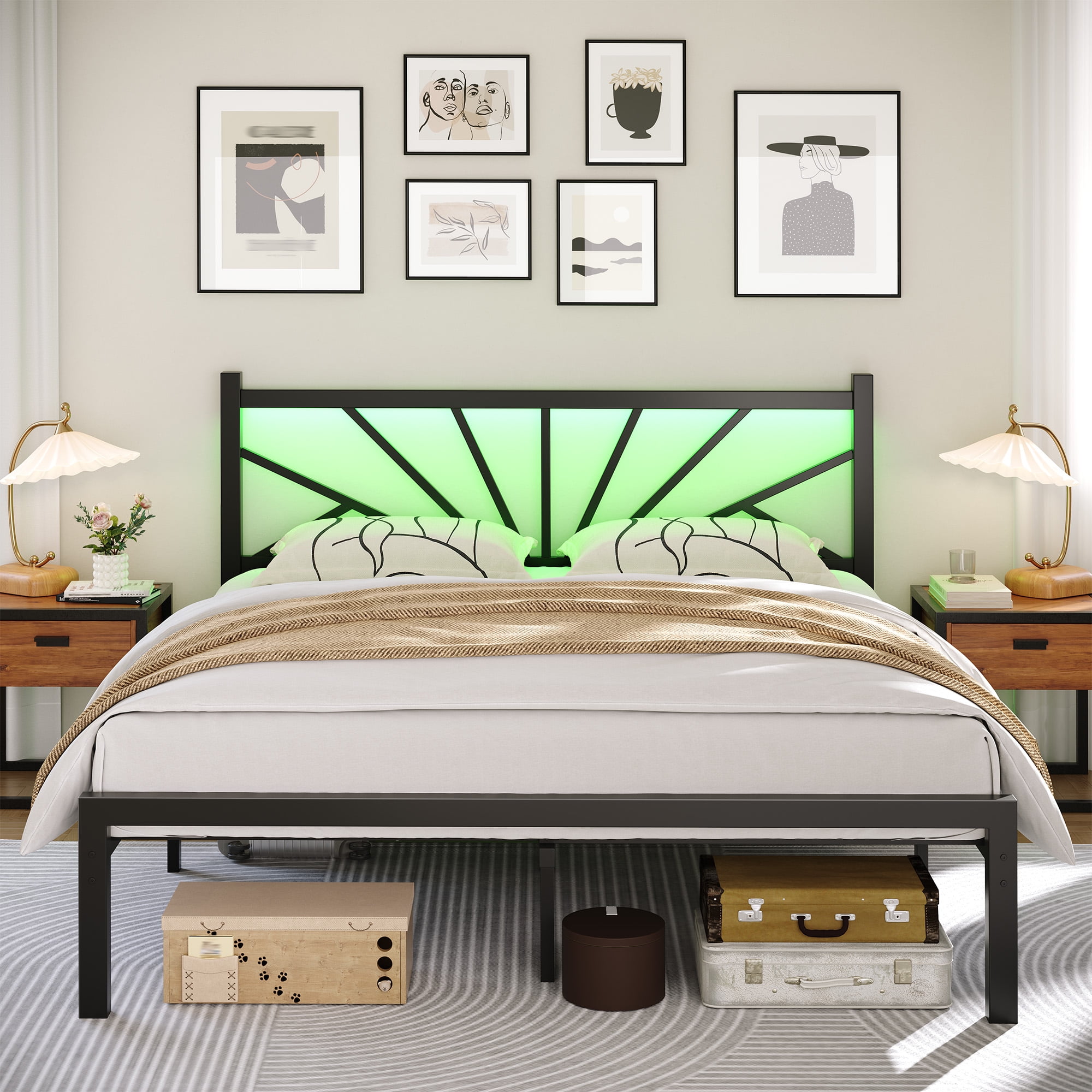 Queen Size Metal Bed Frame with Headboard Metal Platform Bed Frame with LED Lights Bed Frame Twin with Storage Underbed, Noise Free, No Box Spring, Black