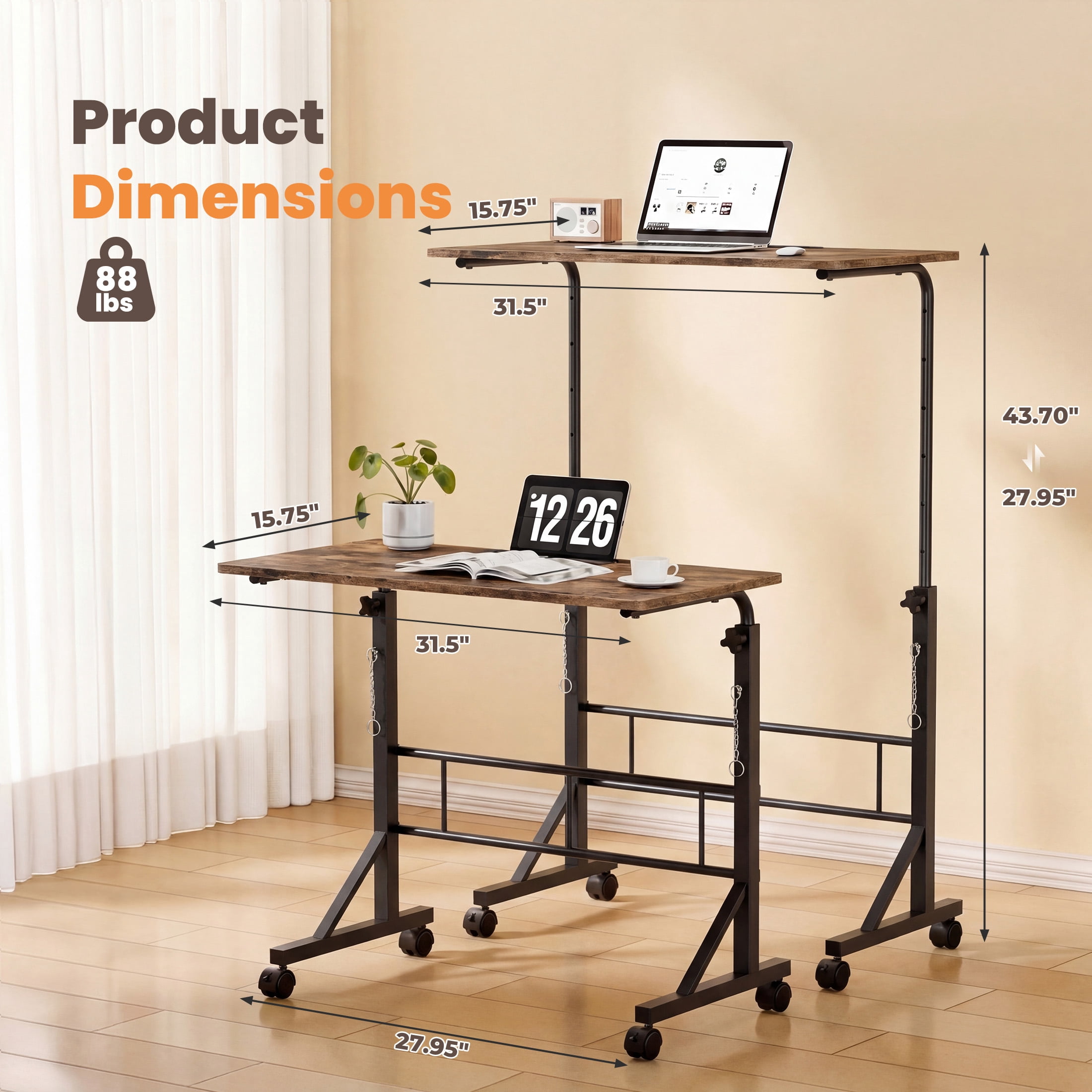 EDX Small Height Adjustable Standing Desk with Wheels, Mobile Rolling Computer Desk for Home Office, Sit Stand Laptop Desk for Walking Pad, Rustic Brown