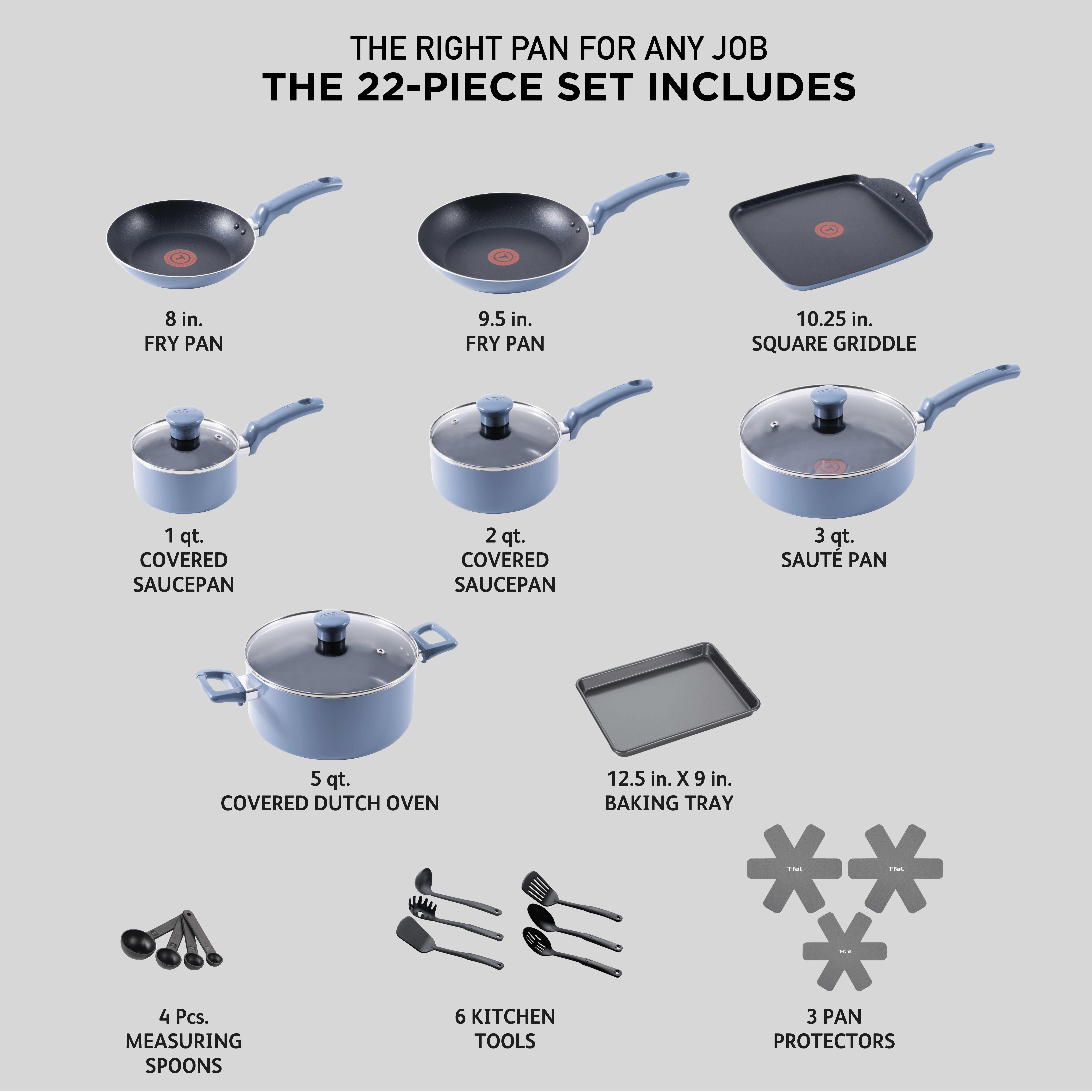 T-fal Kitchen Solutions, 22 Piece Non-Stick Pots and Pans Cookware Set, Ocean Blue