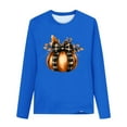 thumbnail image 4 of Thanksgiving Day Outfits Long Sleeve Cotton T-Shirts for Girls Pumpkin Plaid Printed Crewneck Fall Tops Tshirts (3-4 Years, Blue 07), 4 of 5