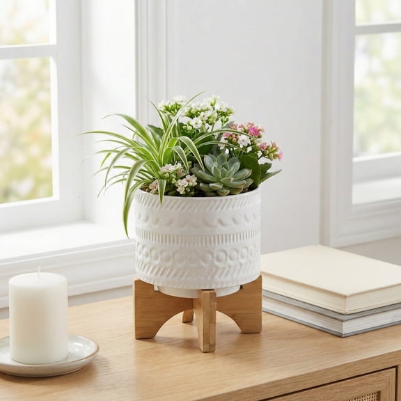Sagebrook Home Embossed Ceramic Planters with Wood Stand for Home Decor - Flower Pots for Entryway, Small Raised Container with Stand - 8", White