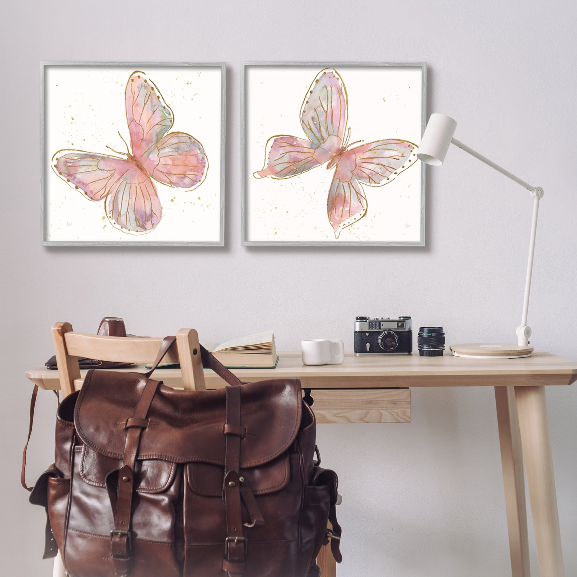 Stupell Industries Pink & Glam Butterflies Nature Animals & Insects Painting Gray Framed Art Print Wall Art, Set of 2
