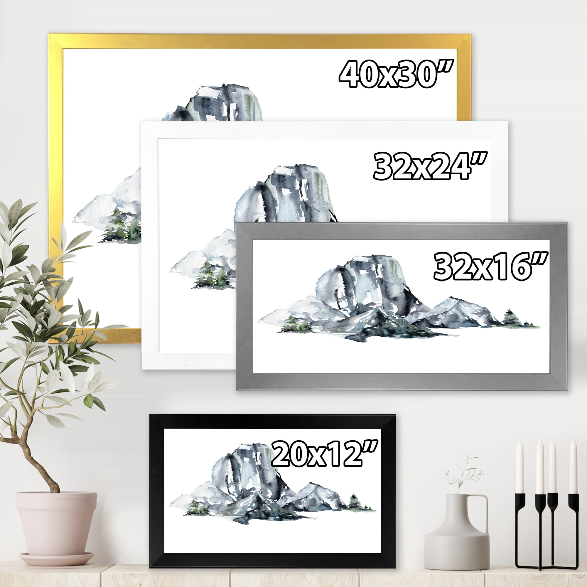 Designart 'Minimalistic Landscape of Forest and Mountains' Modern Framed Art Print