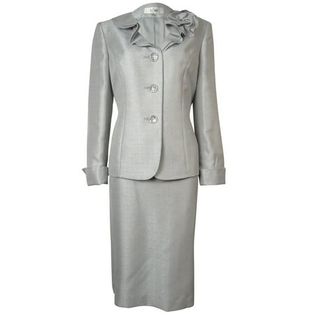 - Le Suit Women's Metallic Crepe Bordeaux Skirt Suit (6, Silver)
