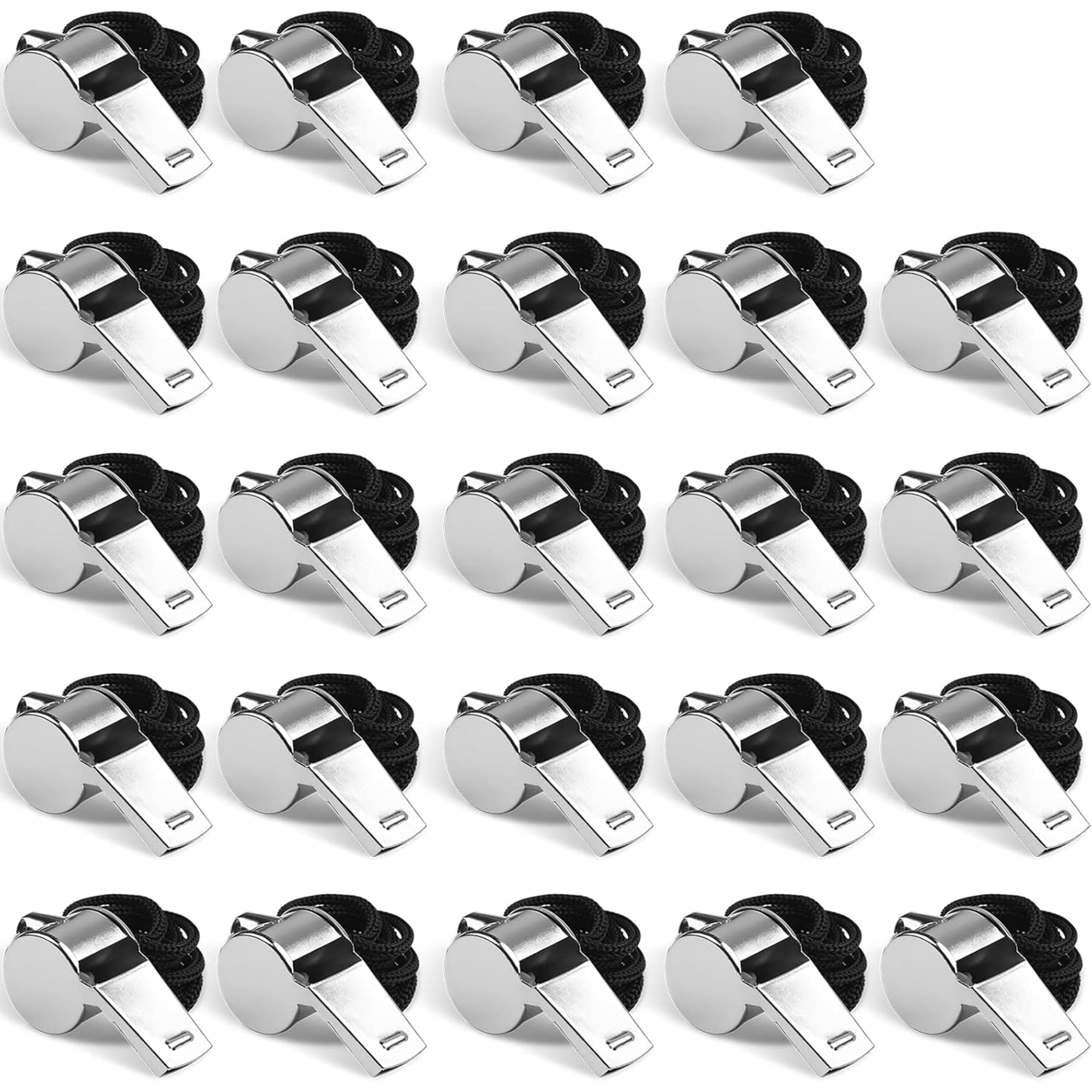 24 Pack Stainless Steel Whistles with Lanyards, Loud 120dB Coach Whistle Bulk for Referees, Teachers, Sports, Emergency, Outdoor Safety, Silver