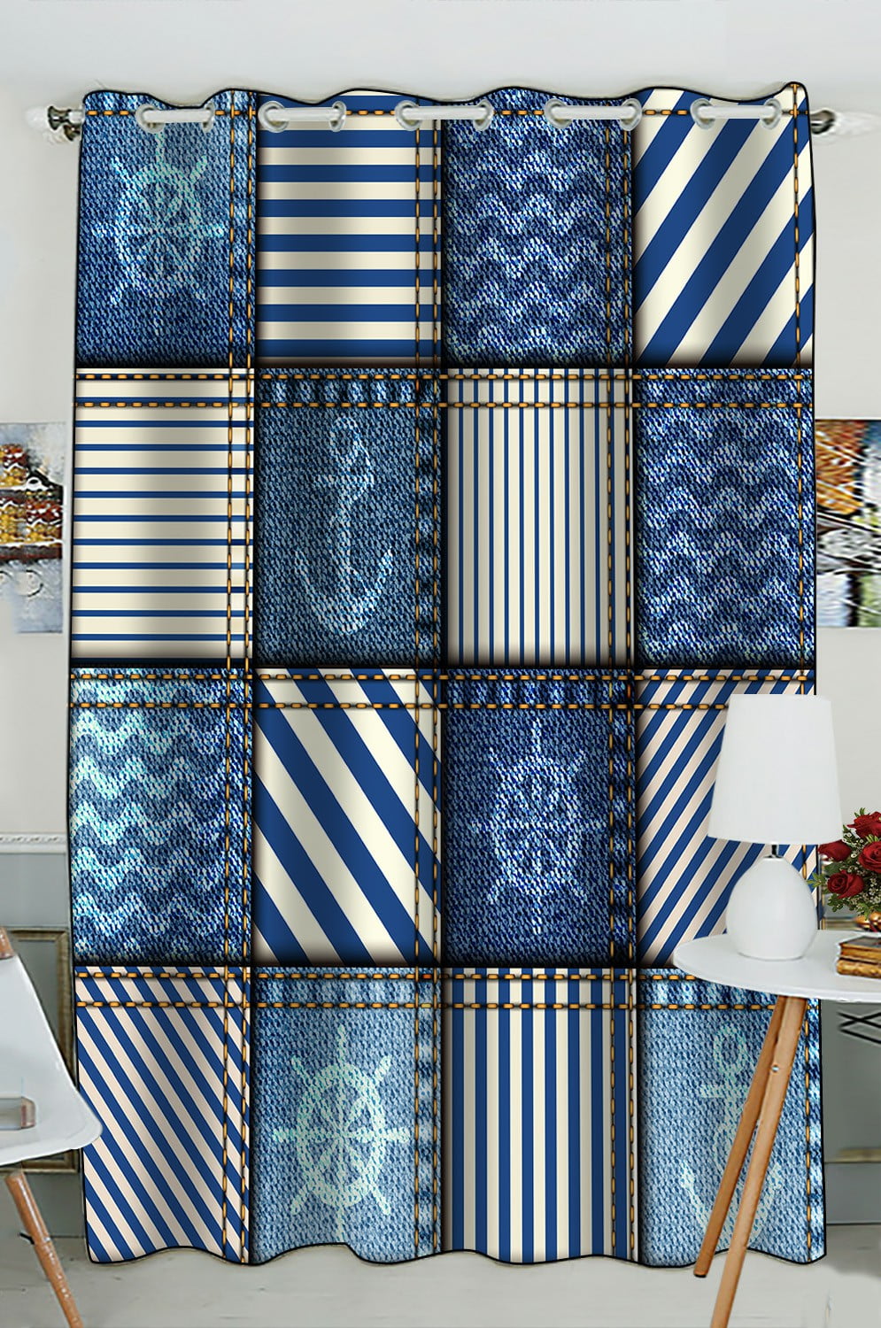 ECZJNT Patchwork Denim Fabric Nautical Style Blackout ...