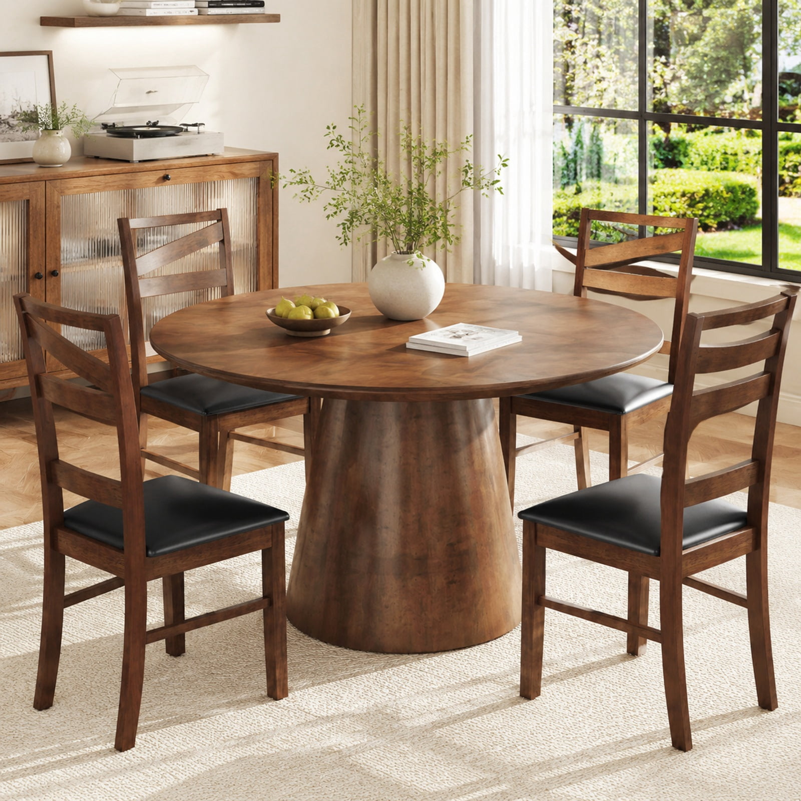 Furnibear Leather Dining Chairs Set of 2 Kitchen Side Chairs with Rubber Wood Legs and Ventilated W Shape Back for Dining Room, Walnut