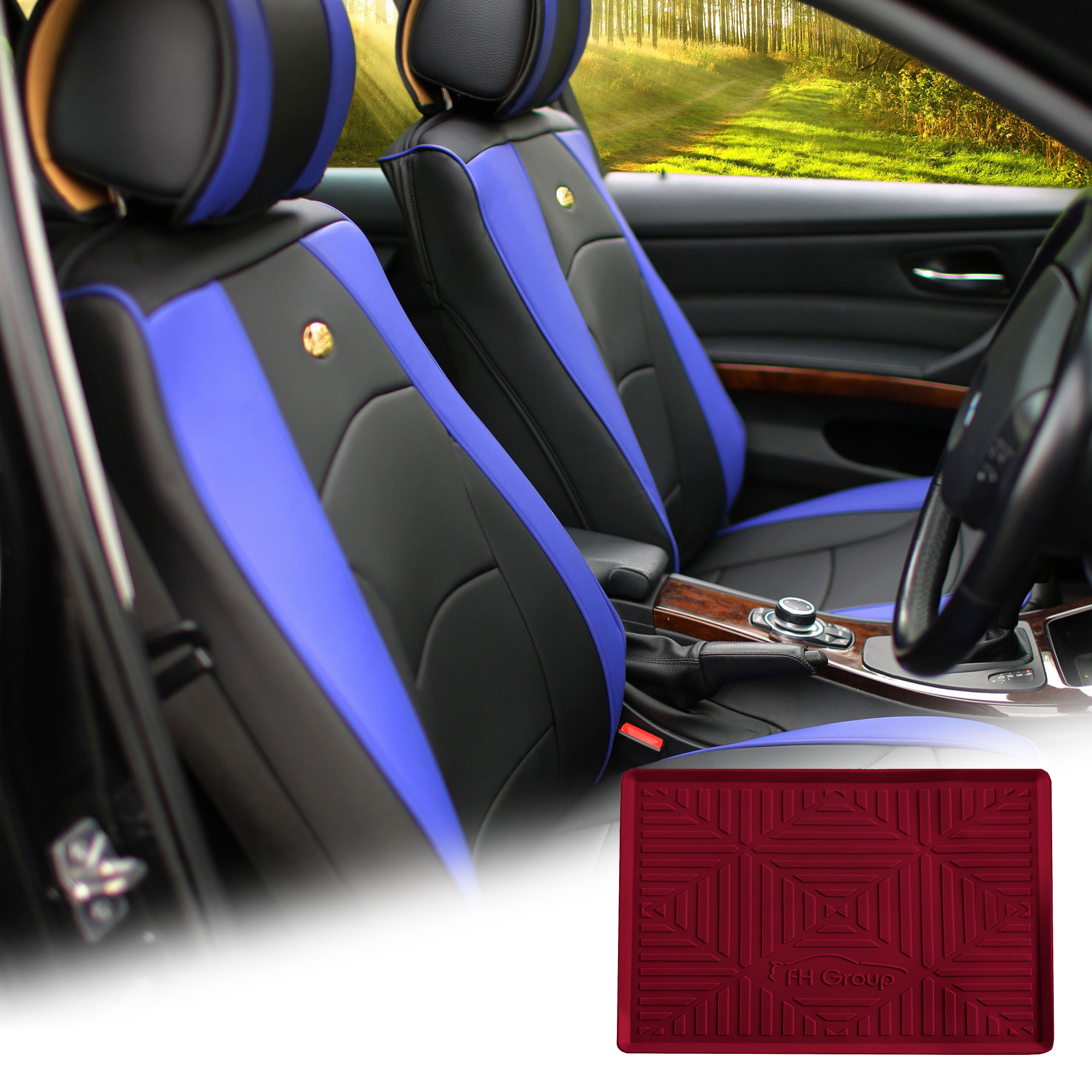 FH Group Blue Black Leatherette Front Bucket Seat Cushion Covers for