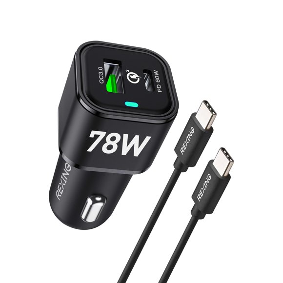 Rexing 78W Vehicle Quick Charger with 1 USB-C & 1 USB Port Compatible with iPhone and Samsung Note with Cables Included (Black)