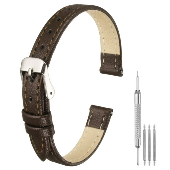 Uxcell Leather Watch Bands for Men and Women, 10mm Quick Release Watch Strap Replacement, Flat Thin Elegant Leather Watch Strap with Strap Tools, Drak Brown