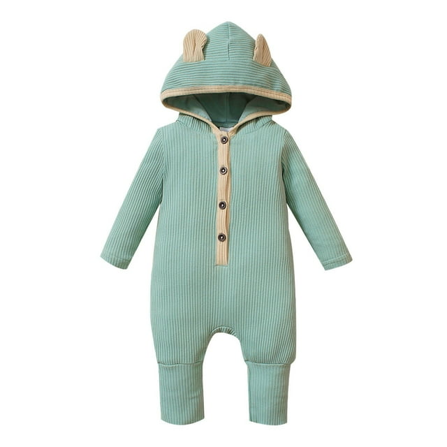 TIEVOSA Boys Girls Long Sleeve Ribbed Solid Color Button Romper Bodysuits 6-9 Months(Light Blue)