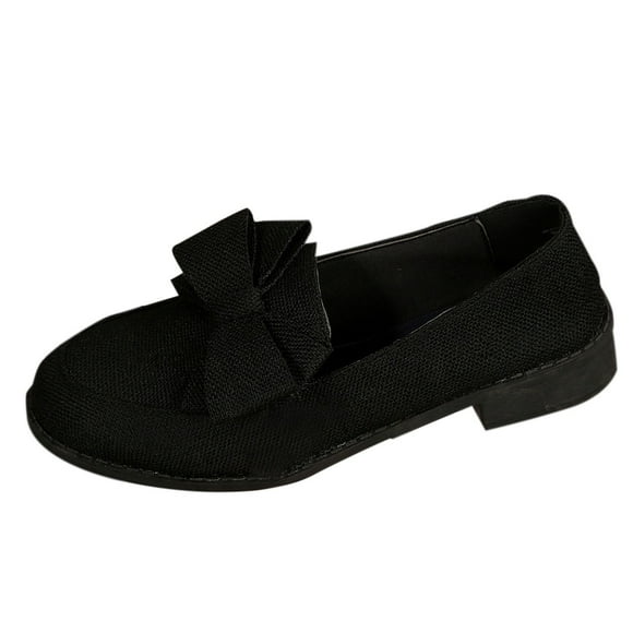Black Women'S Flat Loafers Round Toe Low Cut Bow Decor Slip-On Low Heel Comfortable Soft Sole Lightweight Casual Daily Wear Shoes Size 36