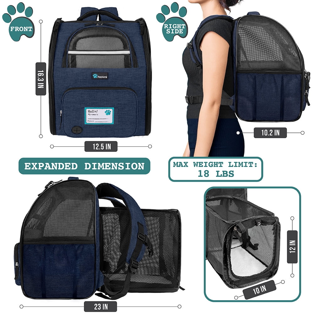 PetAmi Expandable Dog Backpack Carrier for Cats & Pets, Breathable Cat Carrier Backpack with Top Window & Multi-Entry, Ventilated Foldable Travel Carrier for Small Medium Pets up to 18 lbs, Navy