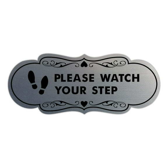 Designer Please Watch Your Step (Footprints) Sign (Brushed Silver) - Large