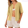 thumbnail image 2 of Lixiuxyad ‌Women's Crew Neck Ribbed Knit Cardigan Short Sleeve Open-Front Button-Up Cardigan,Yellow, 2 of 6