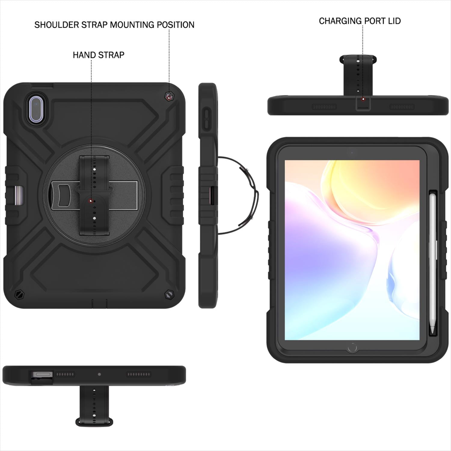 Case for iPad 11th Generation 2025 11-inch/10th Generation 2022 10.9-inch, Heavy Duty Military Grade Shockproof Rugged Protective Cover with Built-in Stand/Pencil Holder Shoulder Strap, Black