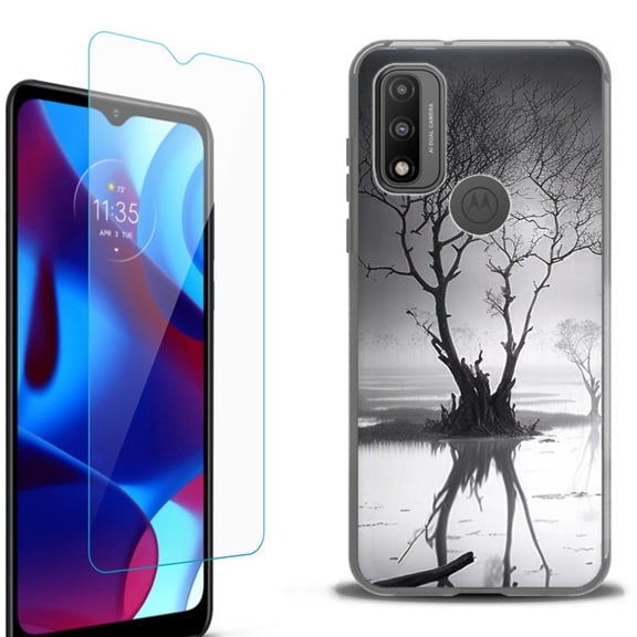 Slim-Fit Fashion Phone Case for Motorola Moto G Pure, with Tempered Glass Screen Protector, by OneToughShield ® - Tree BW