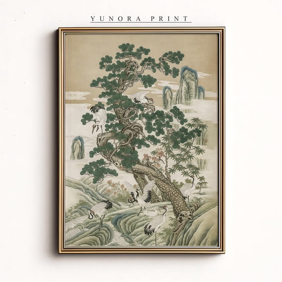 Oriental Crane And Pine Tree Art, Traditional Asian Wall Art, Vintage Japanese Chinese Poster, Unframed Poster Size 8x12