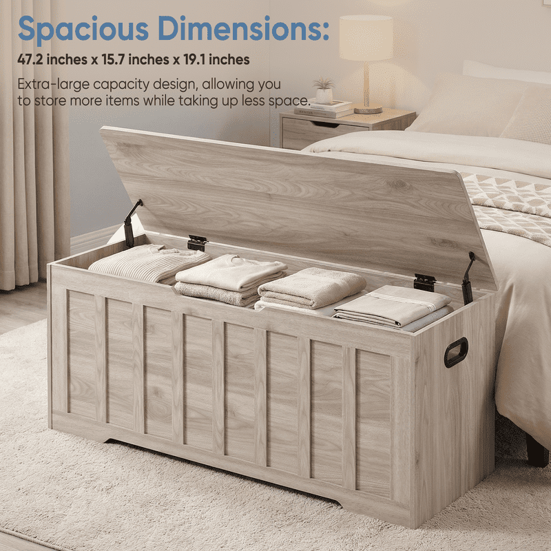 Gianna Storage Bench, Wooden Storage Cabinet with 2 Safety Hinges, Toy Chest for Living Room Bedroom, Non-Slip Bottom, Support 150lbs, Easy Assembly, 47.2"x15.7"x19.1", Wood Gray