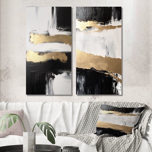Designart "Horizontal Perspectives Abstract in Gold and Black V" Abstract Painting Wall Art Set Of 2 - Modern Gold Gallery Wall Set For Home Decor