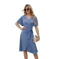 thumbnail image 2 of Women'S Wrap Dress V Neck Short Sleeve Waist Tie Ruffle Split Midi Casual Dress Gray blue M, 2 of 9