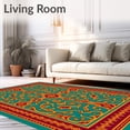 thumbnail image 2 of ODIKA 4'x6' Machine Washable Non-Slip Area Rug, Folk Art Scrollwork with Emerald and Burnt Orange Accents High Traffic Rug with Pad, Blue, 556878, 2 of 8