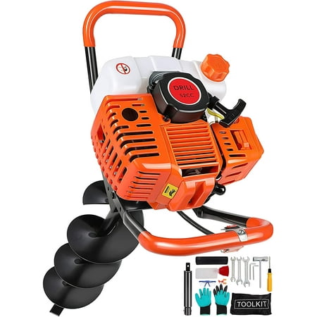 52cc Gas Powered Auger Post Hole Digger with 6" Earth Auger Drill Bit and 8" Extension Rods 2-Stroke 2.4hp Post Digger for Fence Tools & Garden