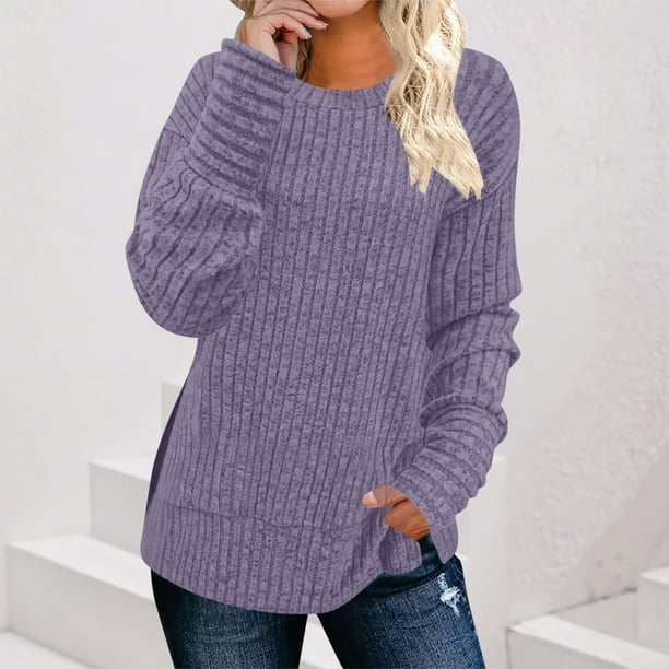 HongQid Long Sleeve Shirts for Women Tunic Trendy Casual Round Neck Tops Lightweight Sweaters