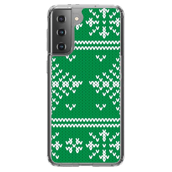 DistinctInk Clear Shockproof Hybrid Case for Galaxy S21 5G (6.2" Screen) - TPU Bumper, Acrylic Back, Tempered Glass Screen Protector - Green White Ugly Christmas Sweater - Christmas All Year