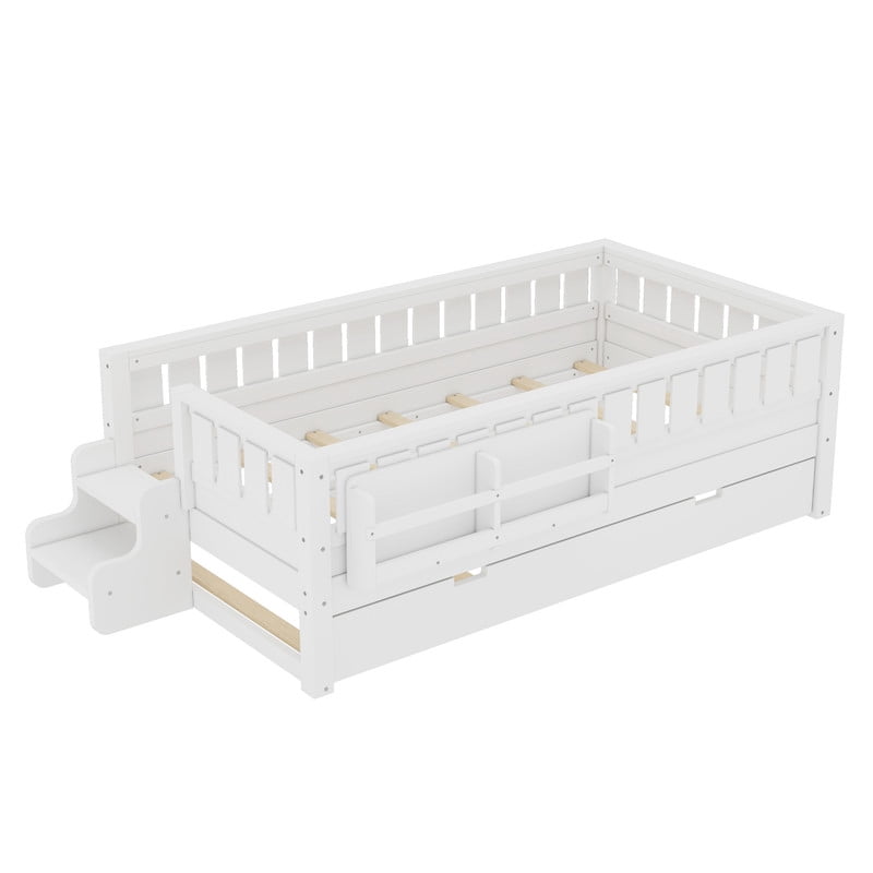 Twin Size Low-Profile Kid's Platform Bed with Built-in Bookshelves & Small Staircase, Wooden Bed Frame with Safety Rails & Trundle