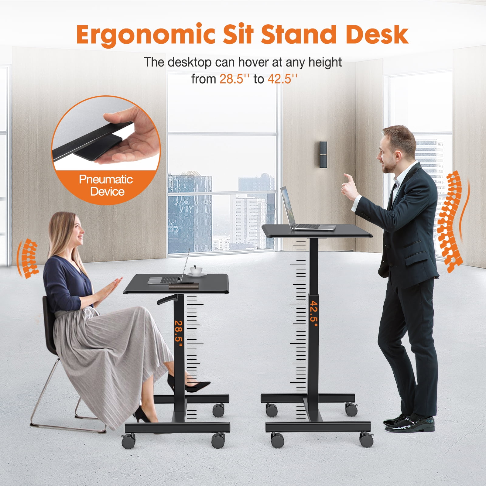 Mobile Rolling Standing Desk - Overbed Table, Teacher Podium with Wheels, Adjustable Work Table, Rolling Desk Laptop Computer Cart for Home, Office, Classroom - Black