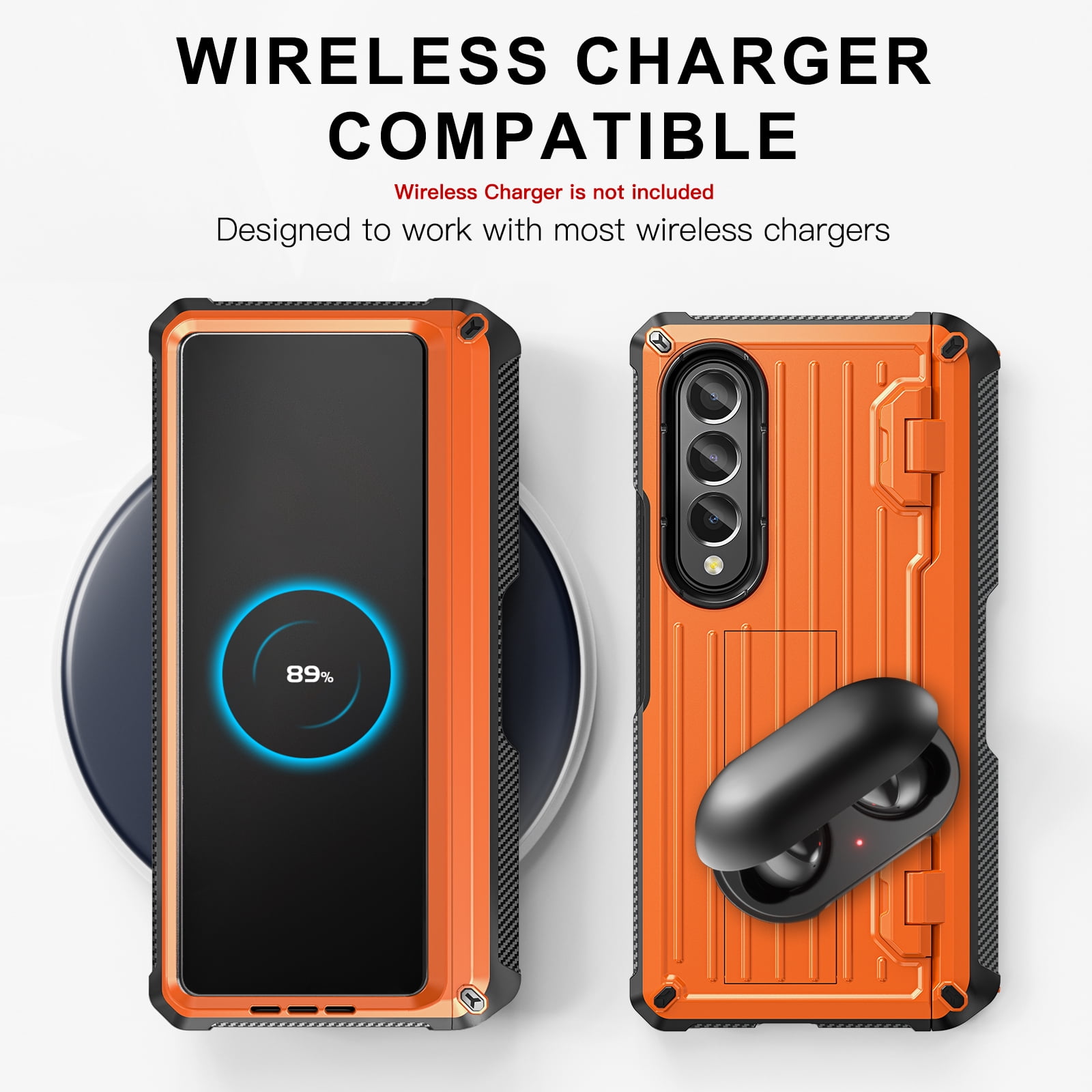 TECH CIRC Case for Samsung Galaxy Z Fold 3 Compatible with MagSafe, Heavy Duty Rugged PC Shockproof Hinge Protection Cover with Hidden Bracket Screen Protector S Pen Holder Galaxy Z Fold 3 Case,Orange