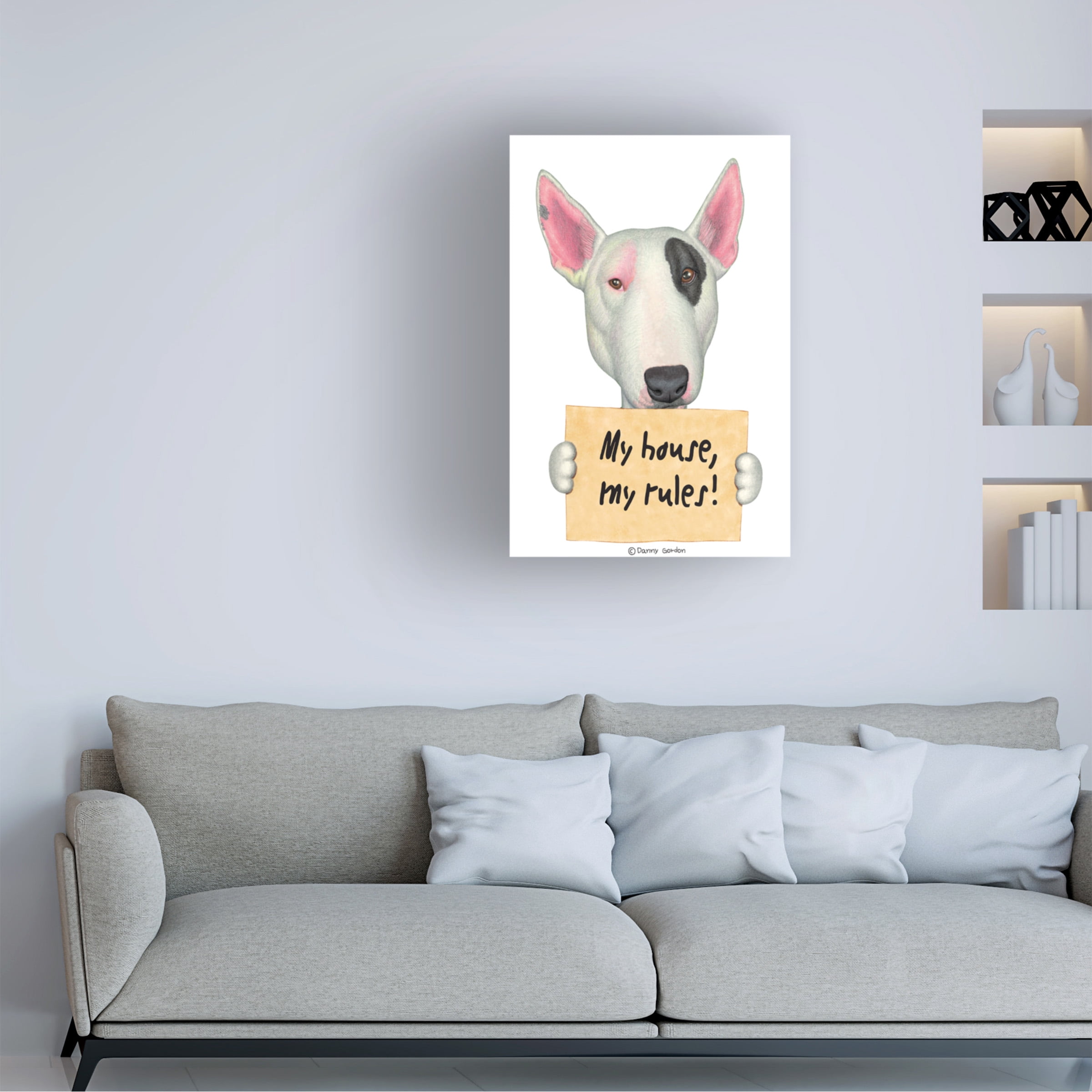 Danny Gordon Art 'White Bull Terrier with Sign' Canvas Art