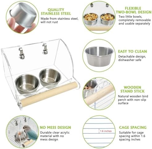 Bird Feeder for Cage with Double Stainless Steel Food & Water Bowls Anti-Slip Wood Perch Stand with No Mess Acrylic Seed Catcher for Parrot, Budgie, Parakeet, Lovebird, Canary, Finch (Hook)