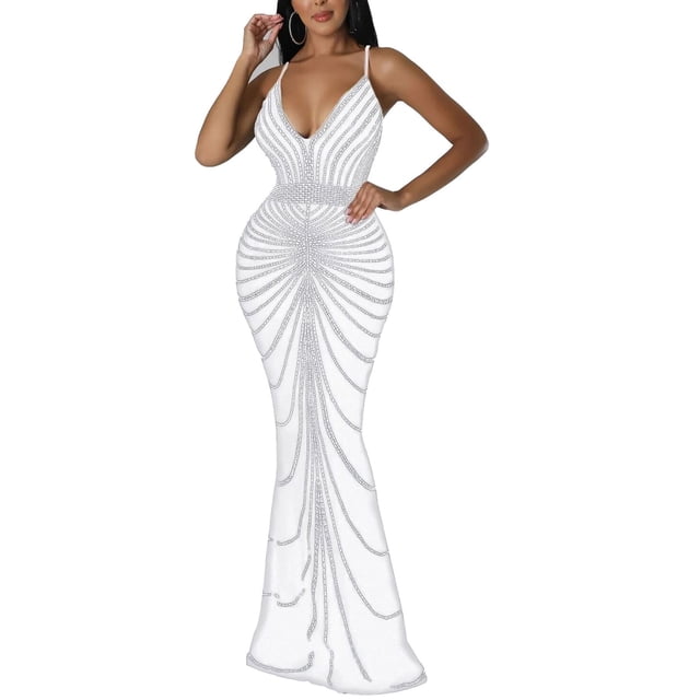 Vestido largo Nagfar con diamantes de imitación para fiesta de cumpleaños, ropa de club, blanco