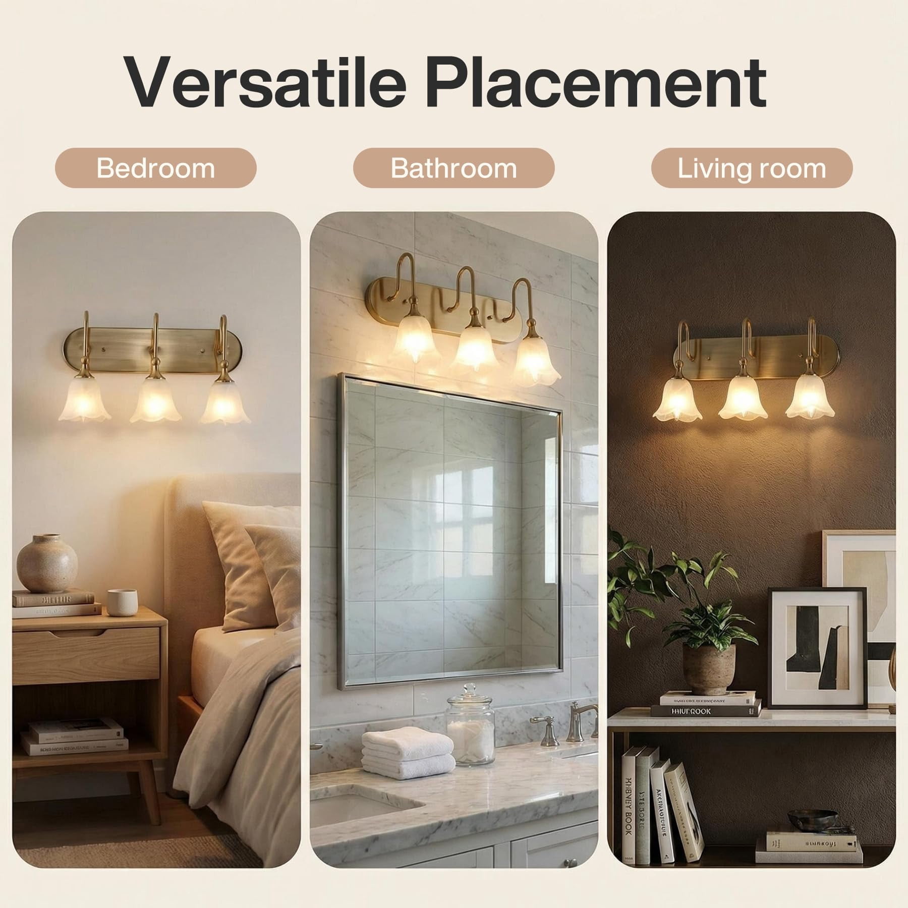 Fnova 3-Light Gold Bathroom Light Fixtures, Modern Wall Lights with Petal-shaped Glass Shades, Wall Sconce Lamp for Mirror Bedroom (E12 Base)