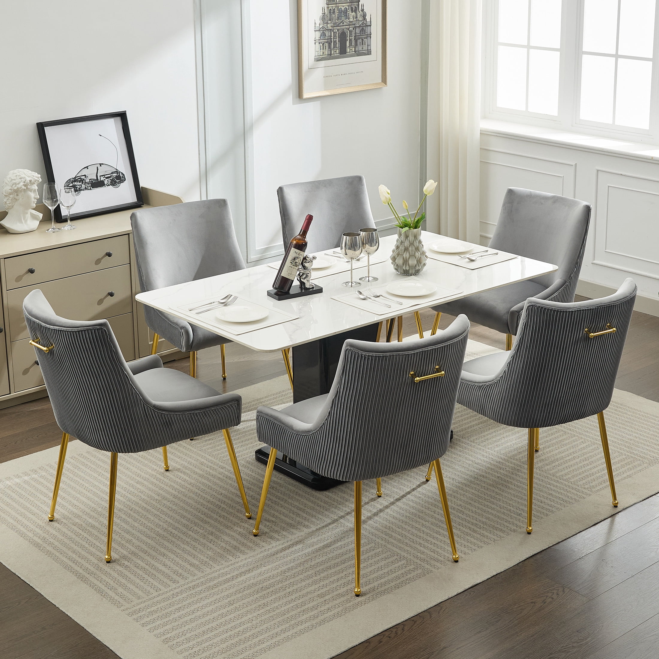Velvet Dining Chairs Set of 6 with Gold Legs, Upholstered Accent Chairs, Pleated Back & Gold Pull Handle, Mid-Century Modern for Dining Room, Kitchen, Living Room, Light Grey