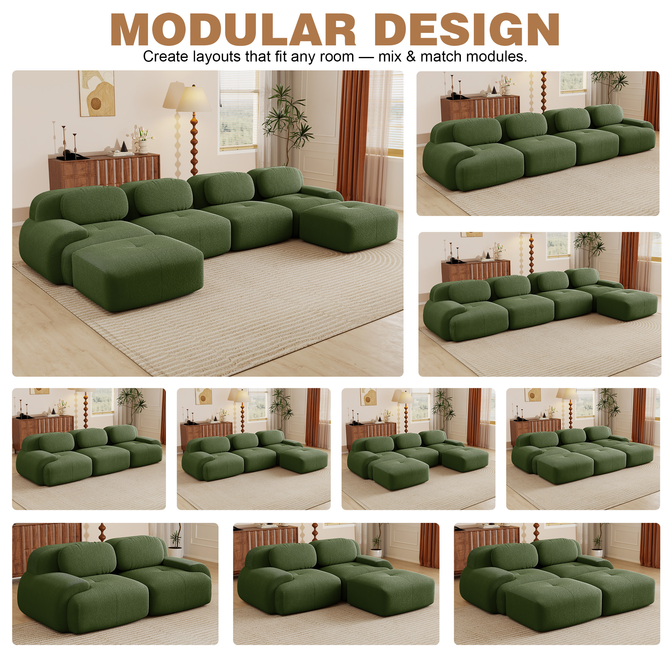 Aukfa 153" U-Shaped Modular Sectional Sofa, Deep Seat Living Room Couch, Corduroy, No Assembly, Green