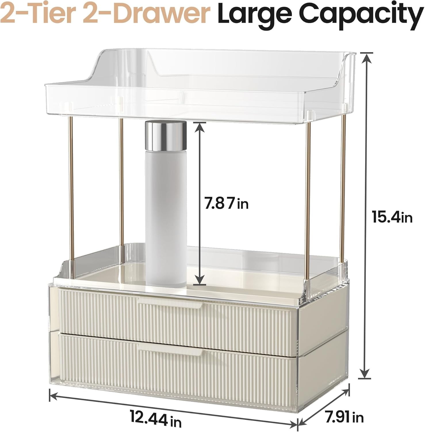 Delamu 2-Tier 2-Drawer Countertop Bathroom Organizer – Multi-Purpose Makeup & Skincare Vanity Storage with Golden Rods, Cream White Color, Exquisite Home Décor Organizer