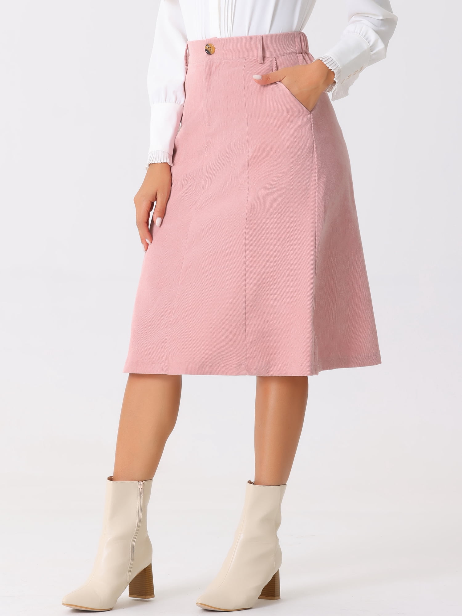 DARING DIVA Women's A-Line Belted Fall Midi Corduroy Skirt S Pink