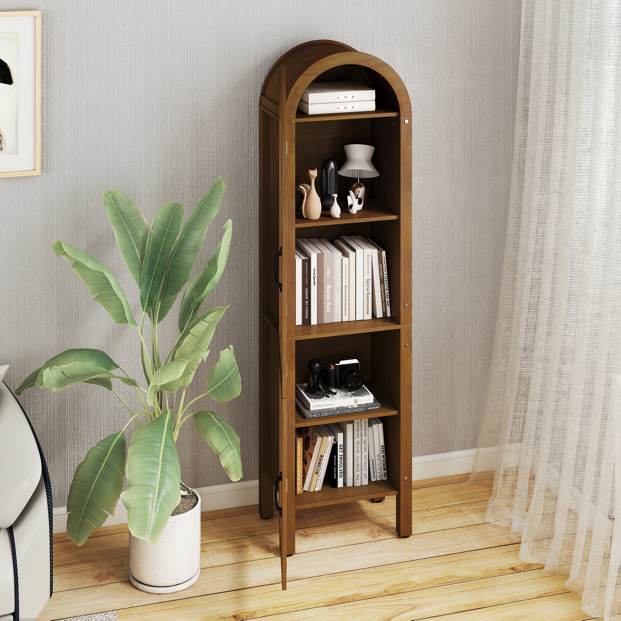 Tall Arched Storage Display Cabinet 5-Shelf with Acrylic Glass Doors, Kitchen Pantry Storage Cabinet Accent Cabinet Bookcase for Living Dining Room