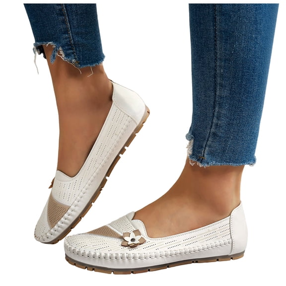 HEWUQI Orthopedic Shoes for Women Leather Flowers Arch Support Slip on Loafers Lightweight Dress Sneakers Walking Casual Outdoor Flats a-White Size 6.5