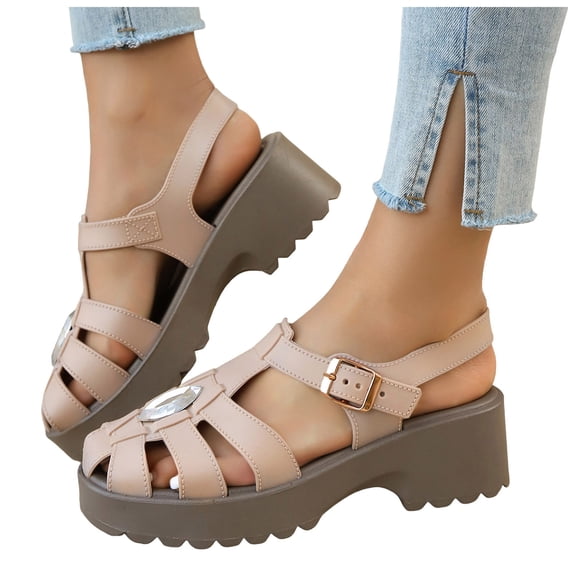 Gladiator Fisherman Sandals for Women Platform Lug Sole Hollow out Beach Shoes Closed Toe Glitter Rhinestone Buckle Ankle Strap Summer Dress Shoes Pink Size 7.5