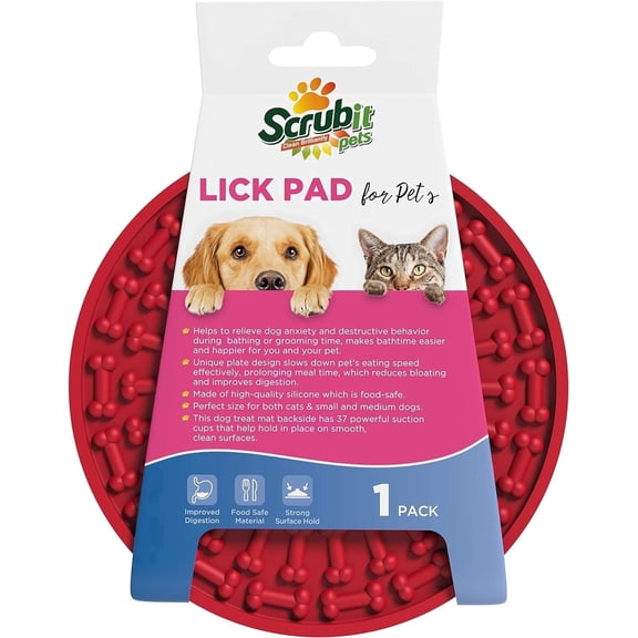 SCRUBIT Pet Lick Mat Peanut Butter Licking Pad and Anxiety Distraction Slow Feeder for Cats and Dogs, Red