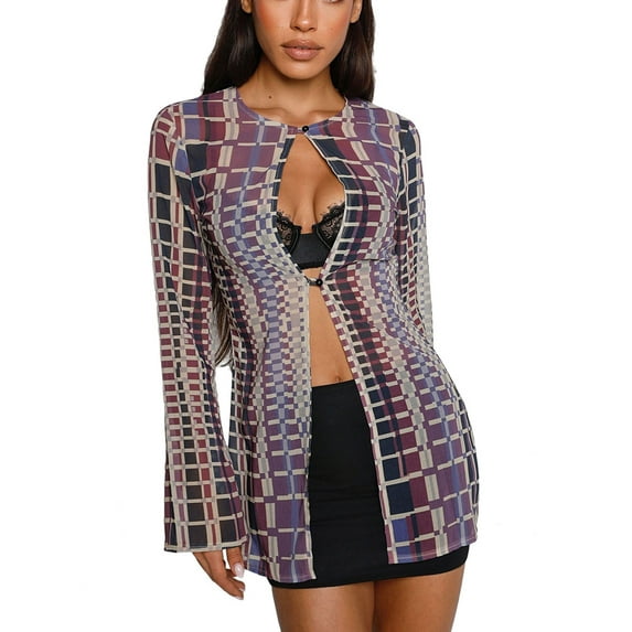 Liacowi Women Sexy Plaid Shirt Blouse Flared Long Sleeve Sheer See Through Tops Cardigan