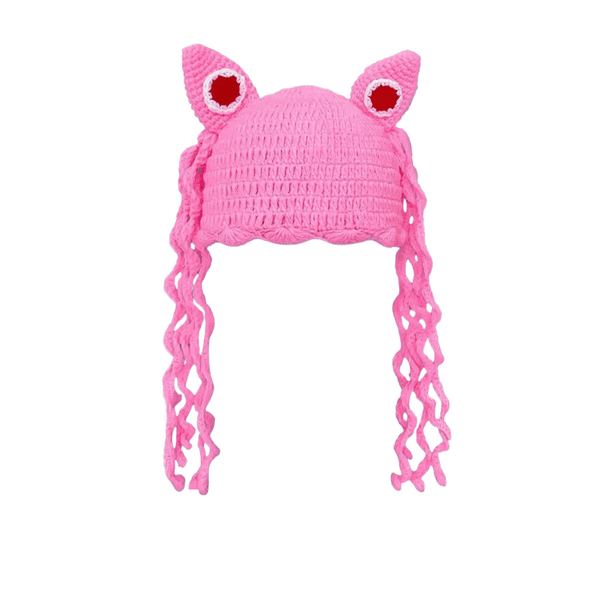 Gorro de punto hecho a mano con orejas de gato rosa para mujer, acrílico, talla única