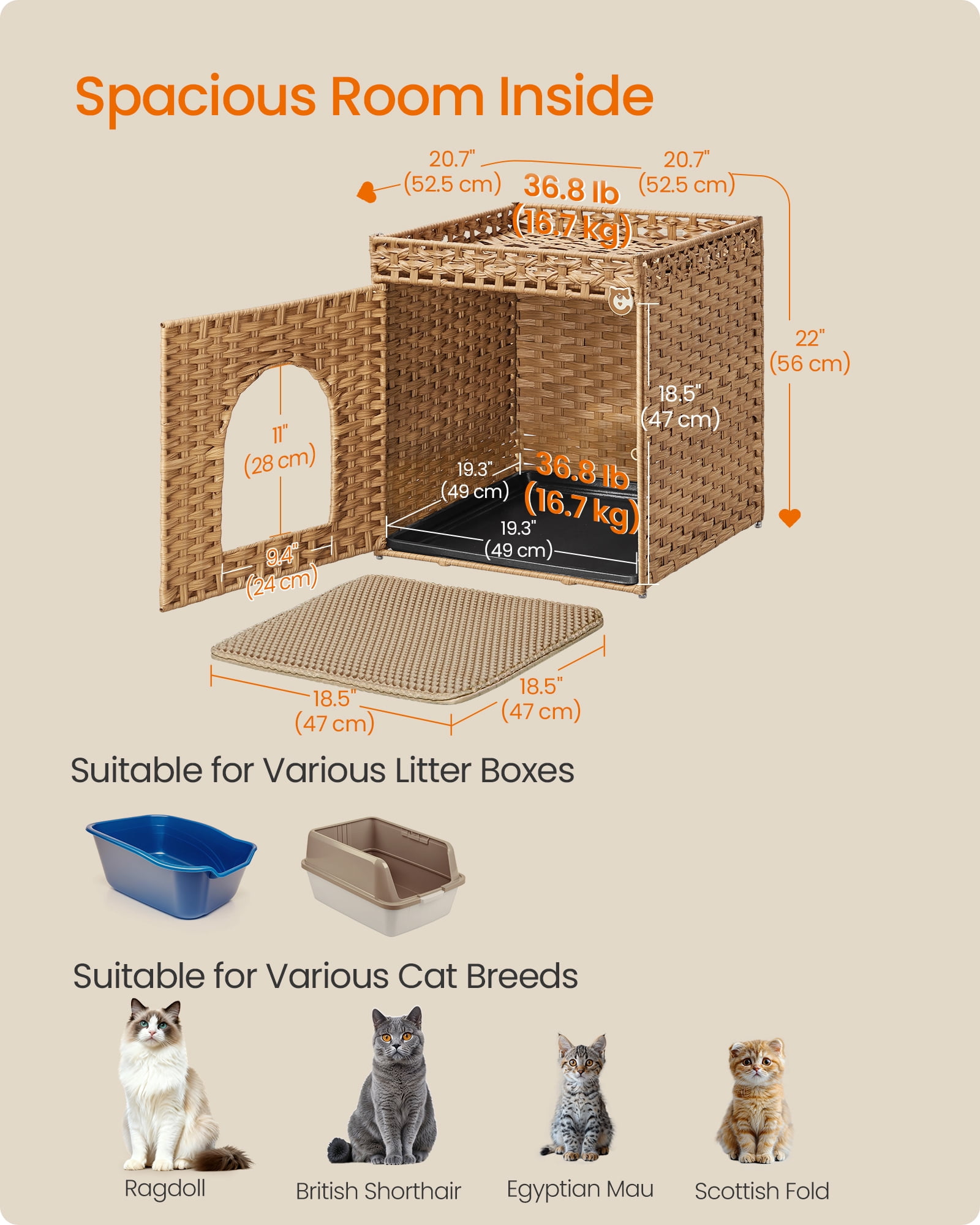 Feandrea Cat Litter Box Enclosure, Handwoven Rattan Hidden Litter Box Furniture with Extra Mat, Removable Washable Tray, Boho Cat House,Goose Yellow