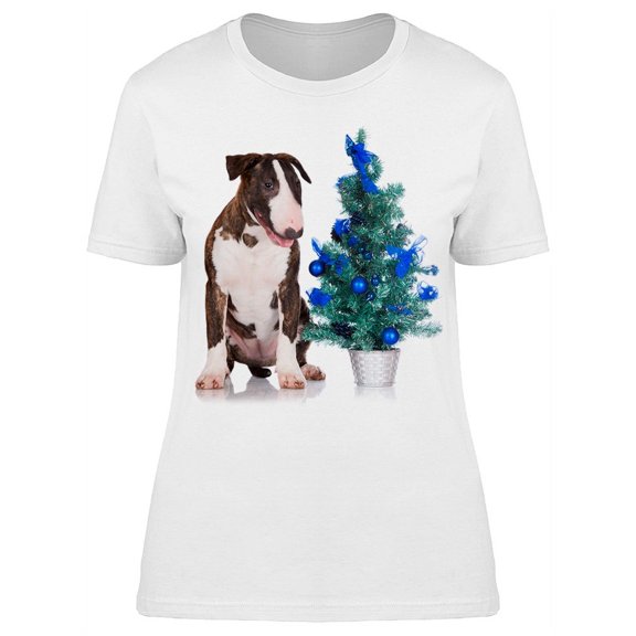 Bullterrier And Christmas Tree T-Shirt Women -Image by Shutterstock, Female XX-Large